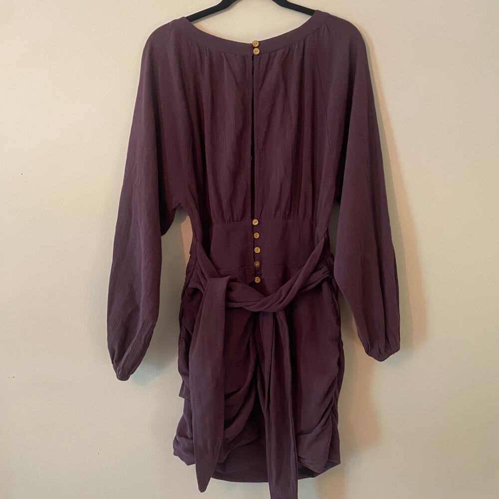 Free People Purple Rouched Puff Sleeve Mini Dress Long Sleeve Women size Medium - Picture 5 of 10